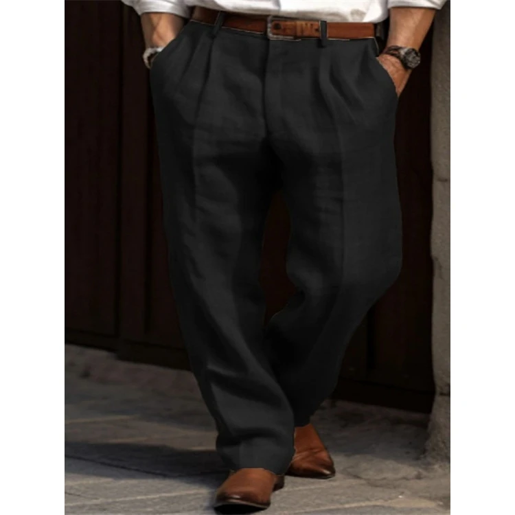 Casual Cotton Linen Men's Straight Leg Pants Versatile Style Sporty Wind Straight Cut Trousers mid Waist Polyester Blend