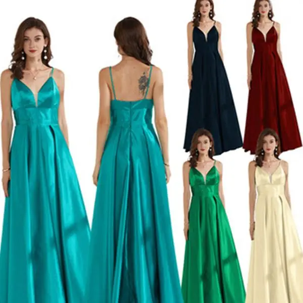 

Elegant Turquoise V-Neck Satin Ruffles Prom Dress Hot Sale Spagetti Straps A-Line Long Evening Dress Party Dress