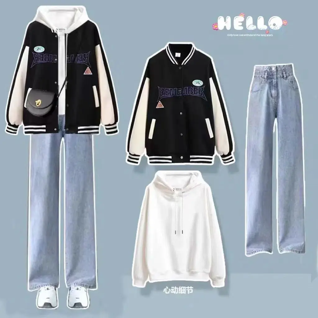 Spring and Autumn Suit Female Student Korean Version Loose Baseball Uniform+casual Pants College Style Three Piece Suit Fashion