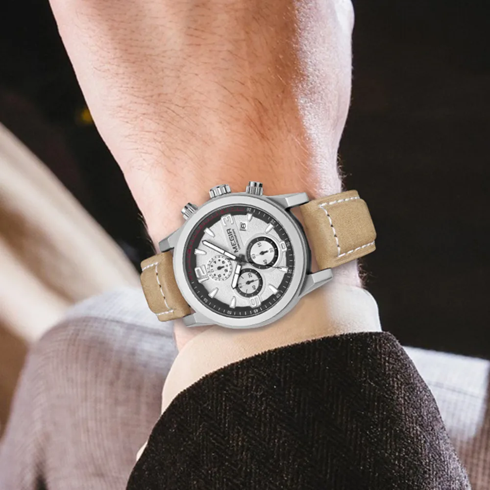 MEGIR 2026 العلامة التجارية الفاخرة للرجال حزام من الجلد ساعة كوارتز تاريخ تلقائي كرونوغراف مقاوم للماء ساعات الموضة للرجل Reloj