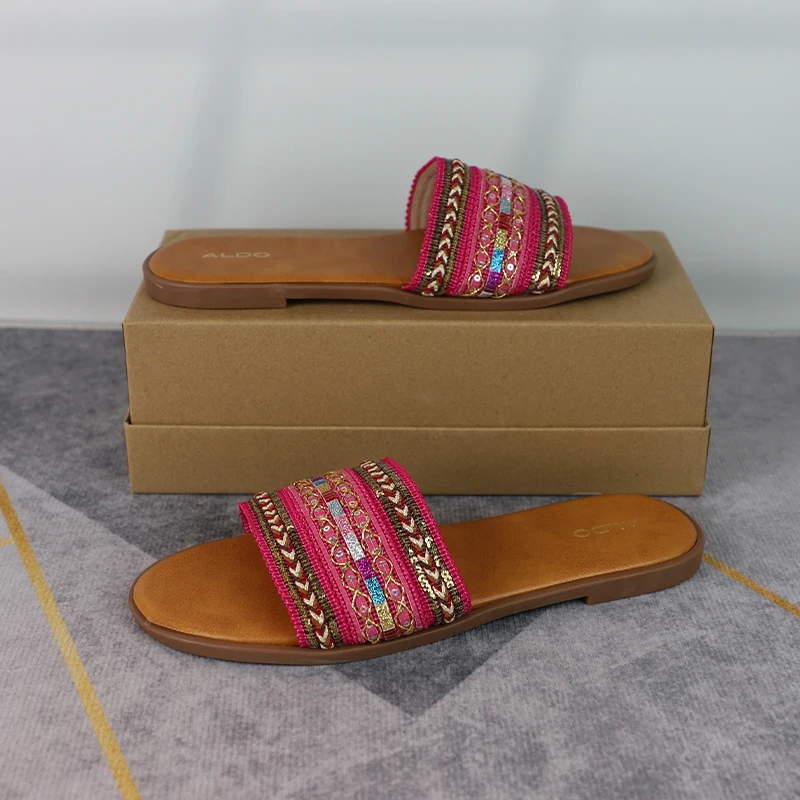 

Summer Flat Slippers for Ladies 2024 New Weaving Ethnic Style Open Toe Beach Non Slip Women's Shoes Outdoor Walking Slides