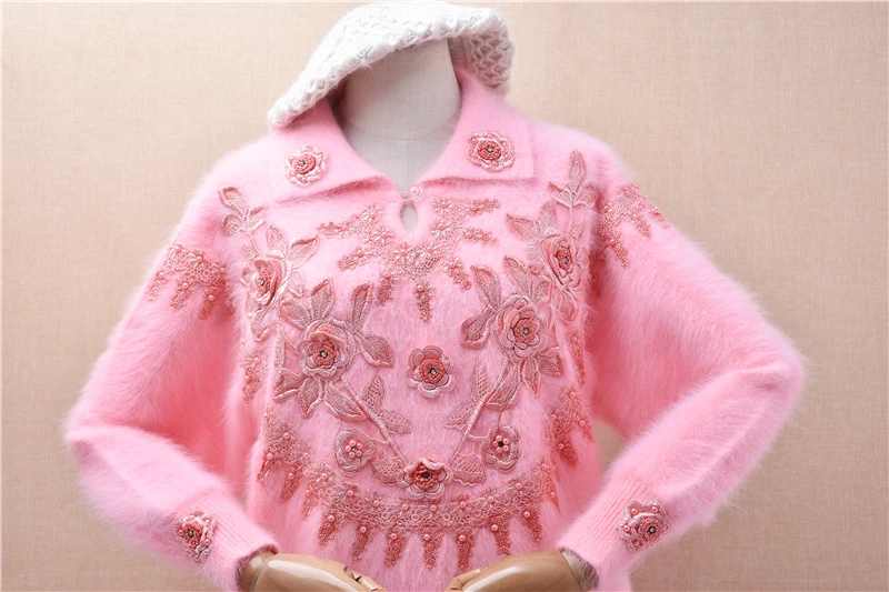 Ladies Women Autumn Winter Clothing Pink Vintage Embroidery Beading Hairy Angora Rabbit Hair Knitted Turn-Down Neck Sweater Pull