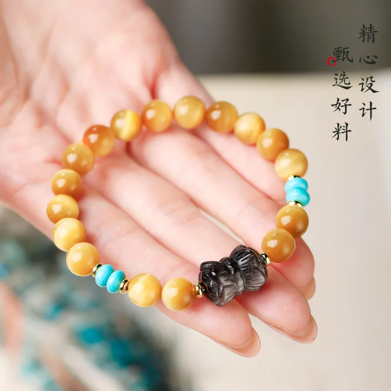 Natural Tiger Eye Stone Bracelet Silver Obsidian Twin Lotus Crystal Bracelet for Men and Women Ethnic Style Jewelry Gifts