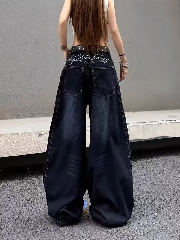 Scimitar Lässige Gewaschene Dunkelblaue Amerikanische Retro High Street Jeans Damen Mode Buchstaben-Stickerei Übergroße Lose Weite Bein-Jeans