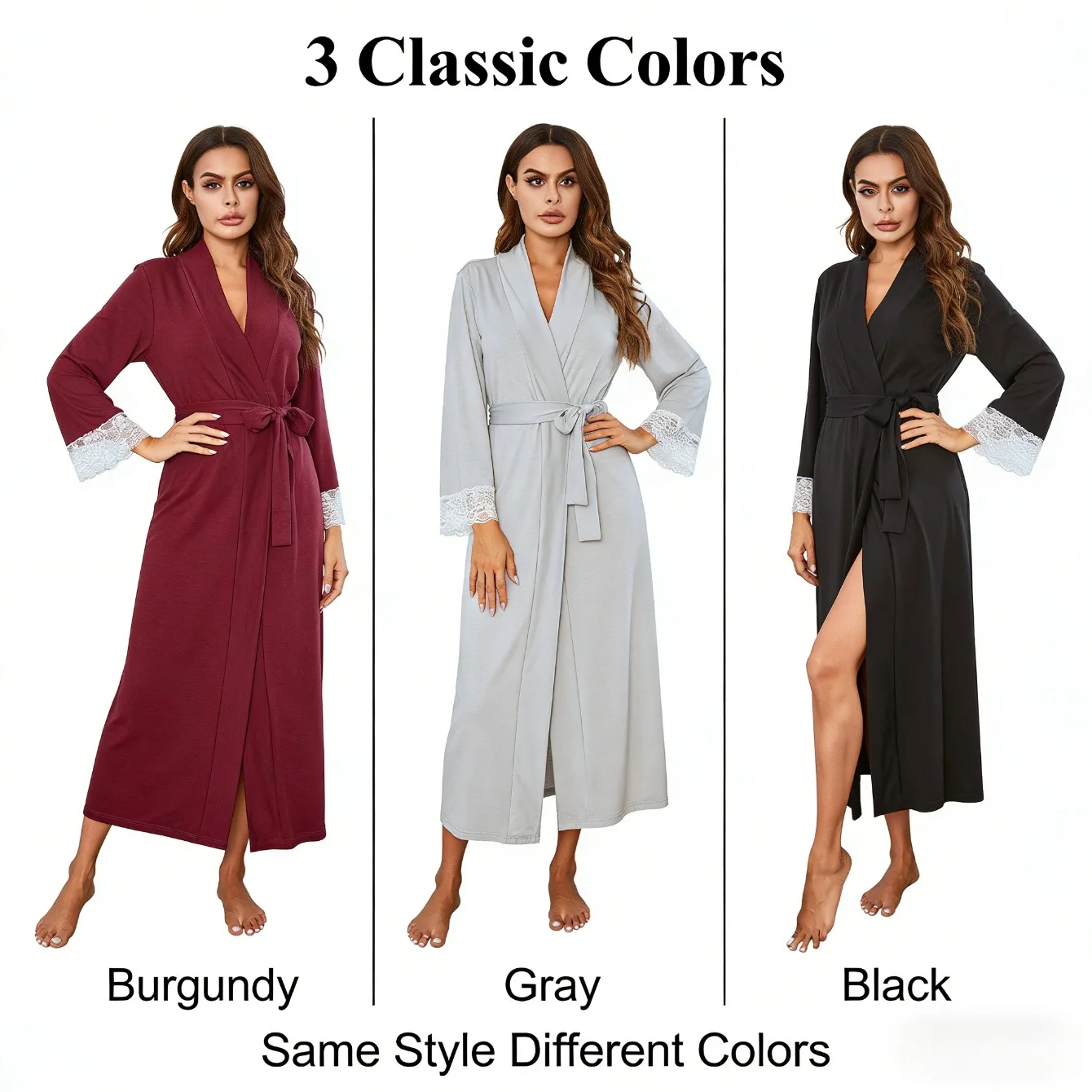 

Women's Long Lace Robe Long Sleeve Stitched Tie Design High-end Loungewear Bathrobe