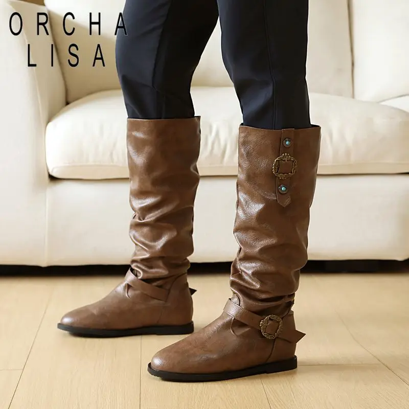 ORCHA LISA Beige Womens Man Rider Shoes Circular Toe No Heel Pull Upon Folded Band Plus Size 43 44 45 46 47 48 Long Booties