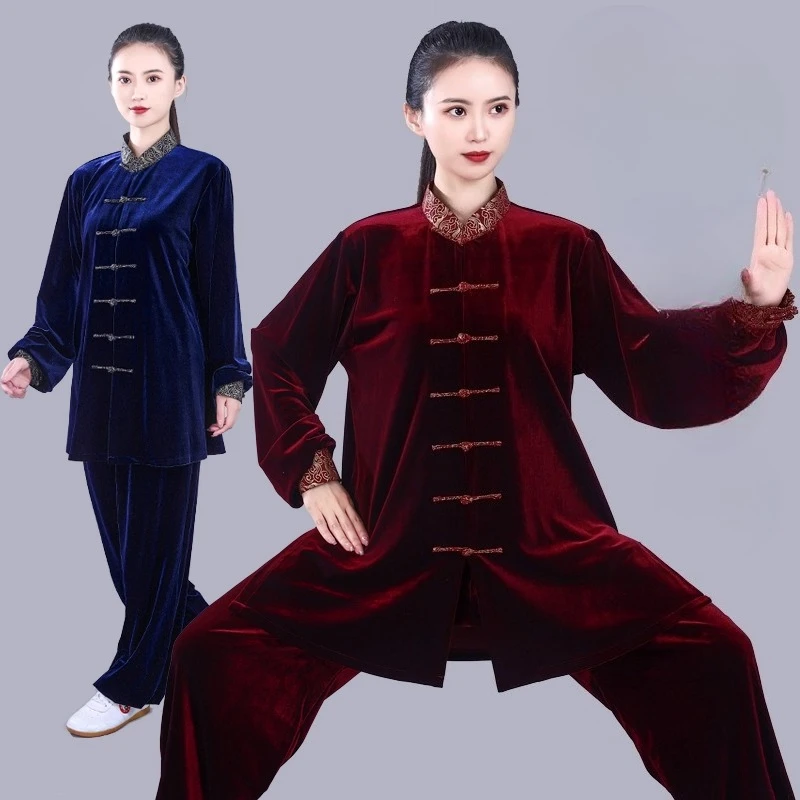 Golden Velvet Tai Chi Suit Thickened Autumn and Winter Martial Arts Tai Chi Performance Kung Fu Morning Sports Outdoor Clothes