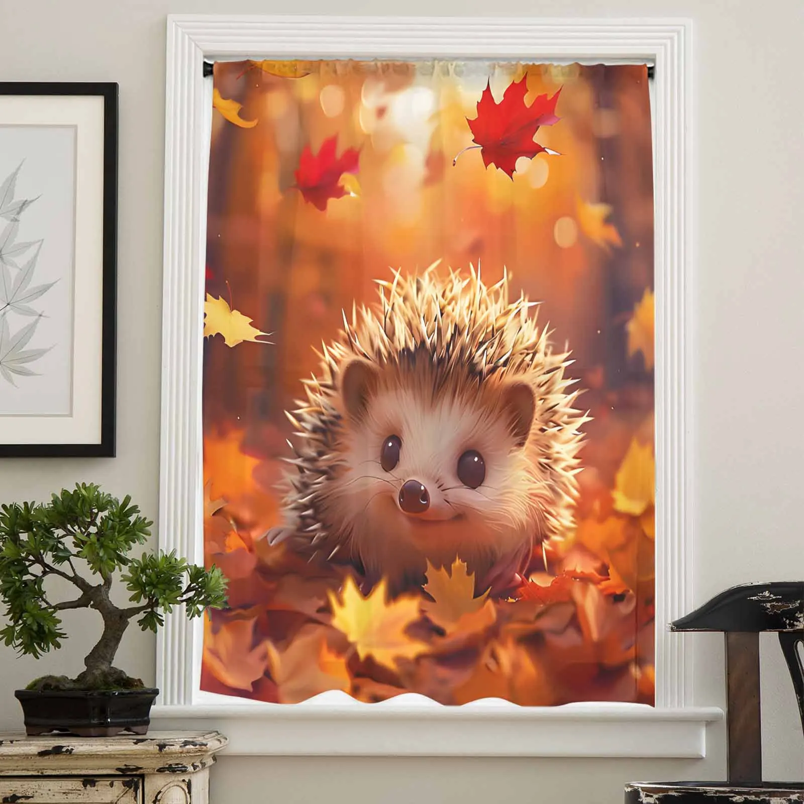 Autumn Maple Leaf Forest Hedgehog Sheer Curtain Living Room Drapes Home Bedroom Voile Curtain Tulle Window Curtain