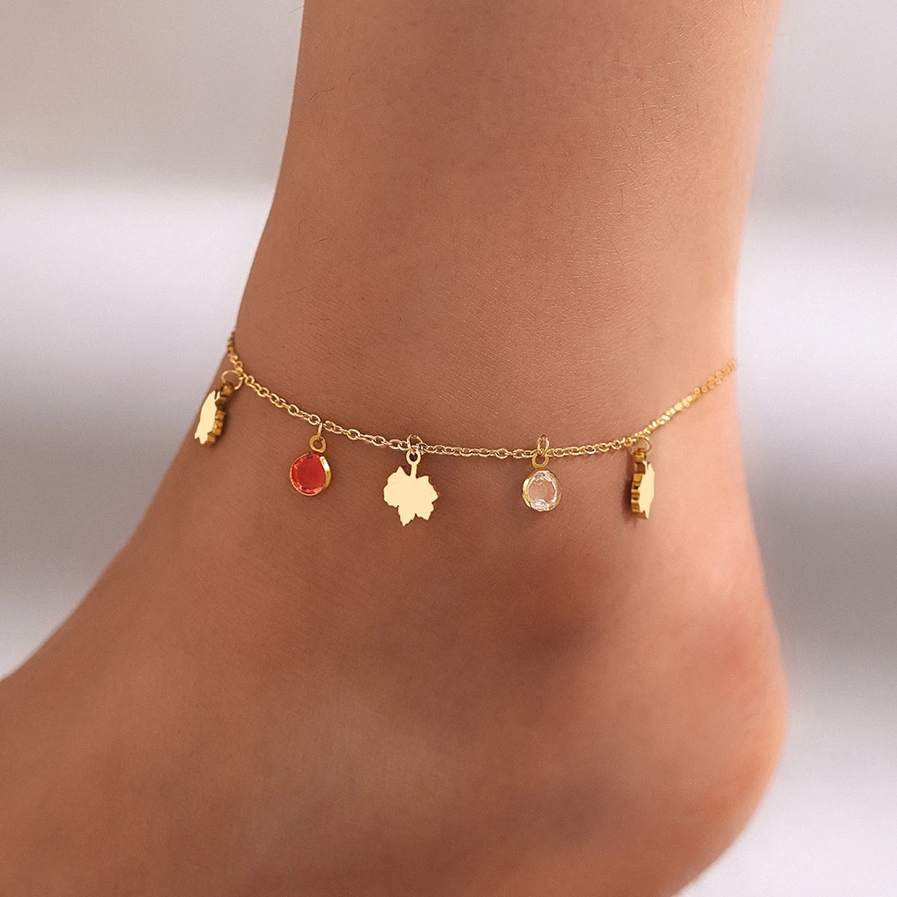 Stainless Steel Anklets Gorgeous Suspended Maple Leaf  with Colorful Diamonds Anklets For Women Jewelry High-end Banquet Gifts