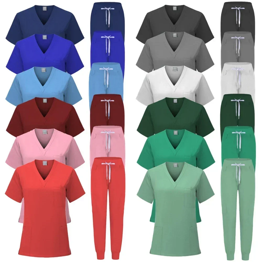 زي طبي بأكمام قصيرة للنساء ، فساتين جراحية للمستشفيات ، طقم توبات وبانت ، ملحقات تمريض ، ملابس أطباء ، ملابس عمل