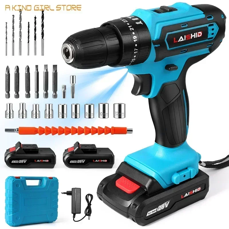 28V Cordless Impact Drill High-power Rechargeable Electric Drill Lithium Battery 1350rpm Speed Multifunctional  Screwdriver