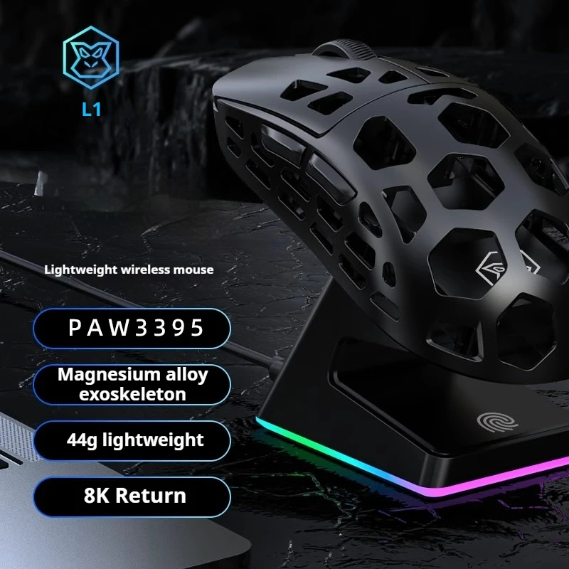 EWEADN L1 Wireless Mouse Skeleton Magnesium Alloy Tri-mode PAW3395 Lightweight with Charging Dock Office Gaming 44g 8KHz