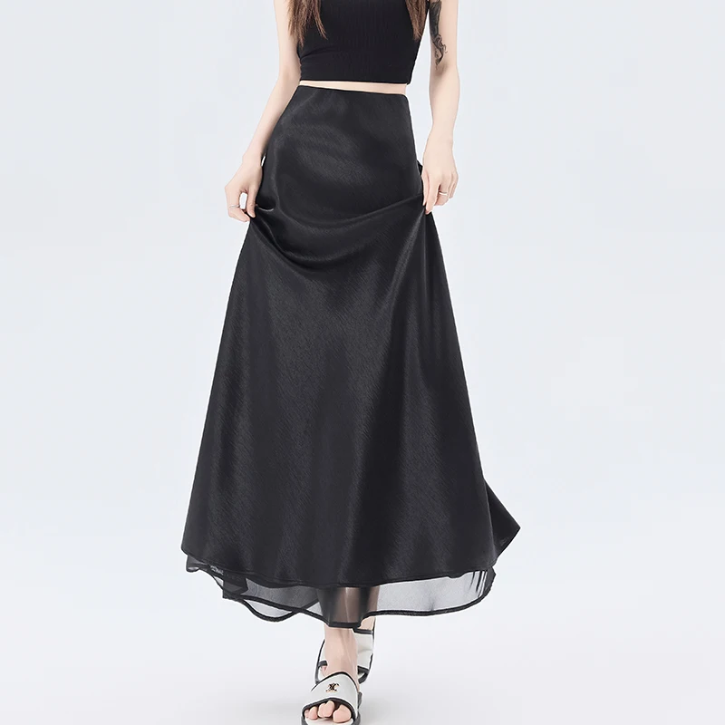 

Атласная юбка с сетчатыми вставками, женская летняя новинка, юбка-русалка с высокой талией, эластичная талия, повседневная элегантная юбка, женская длинная юбка