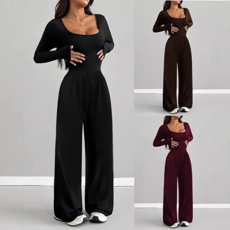 

2026 New Elegant Design Fashion Versatile Women Casual Solid Color Round Neck Long Sleeve Wide Leg Jumpsuit