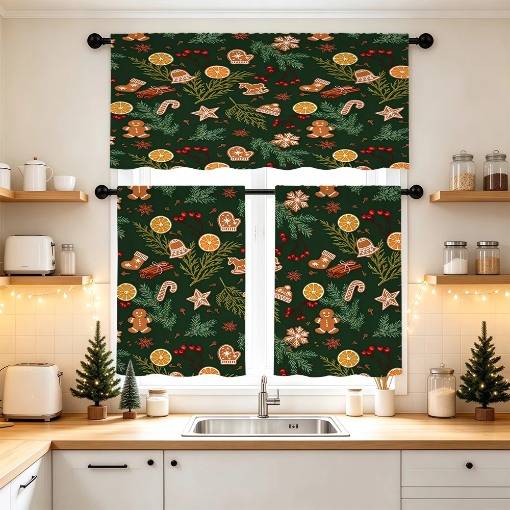 Christmas Kitchen Curtains, Gingerbread Candy Snow Orange, Digital Print, Kitchen Dining Room, Rod Pocket Polyester, Home Decor