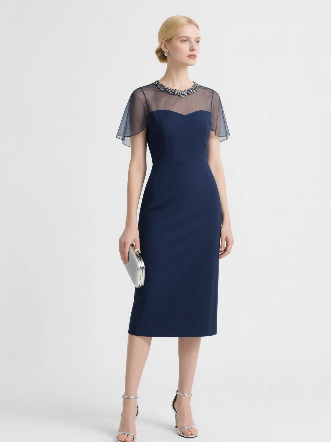 

Elegant Sheath Evening Dress Knee Length Scoop Neck Chiffon Short Sleeve Sequins Wedding Guest Dress 2025 free customized
