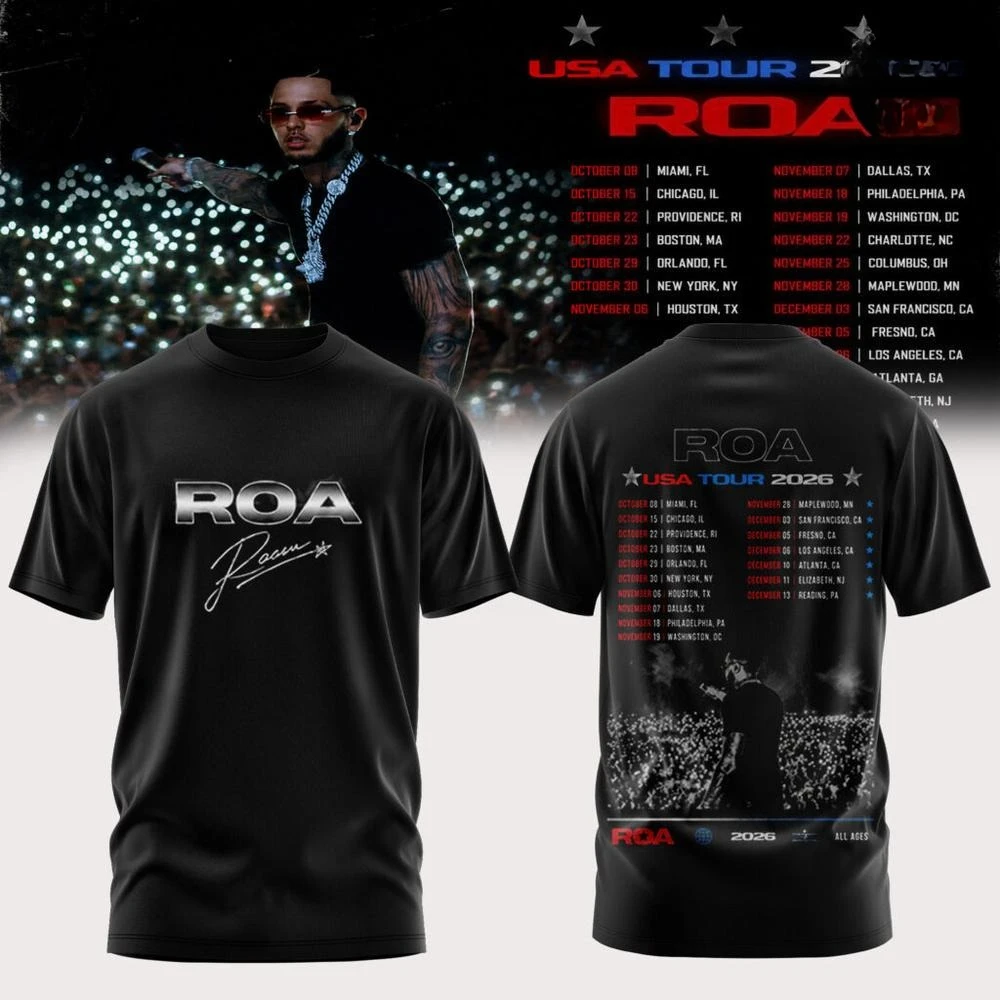 ROA USA Tour 2026 Urban Latin Era Black Graphic T-Shirt, Latin Music Concert Fan Tee, Unisex Casual Tour Merch Top
