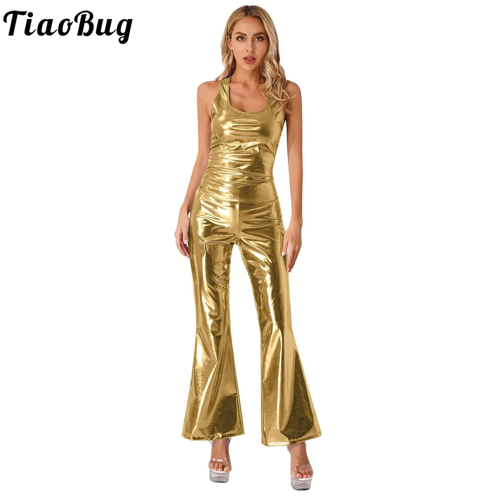 

Womens Latin Jazz Dance Show Costume Theme Party 80s Disco Dancing Outfit Sleeveless Tank Top and Flare Long Pants Rave Clubwear