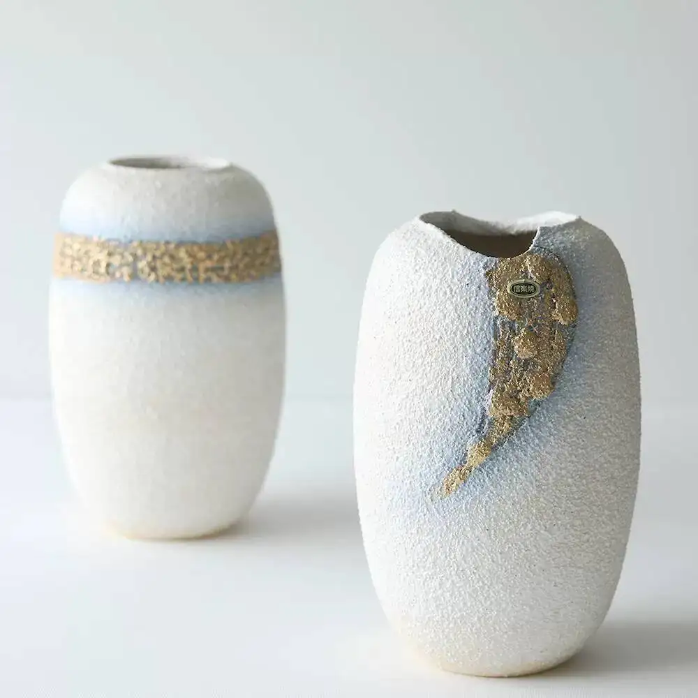 Japanese Imported White And Gold Rough Pottery Vase, Shigaraki Ware, Handmade Vess, Desktop Art Ornament, High-End Flower