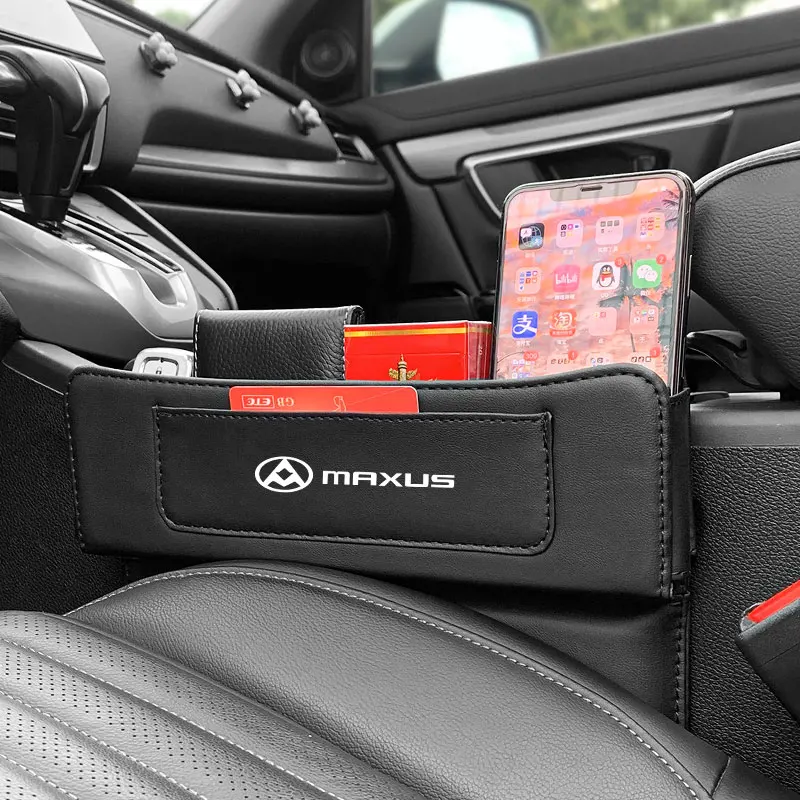 

New Leather Car Seat Gap Organizer Console Crevice Filler Side Storage Box Car Interior Storage Pocket with logo For Maxus Car