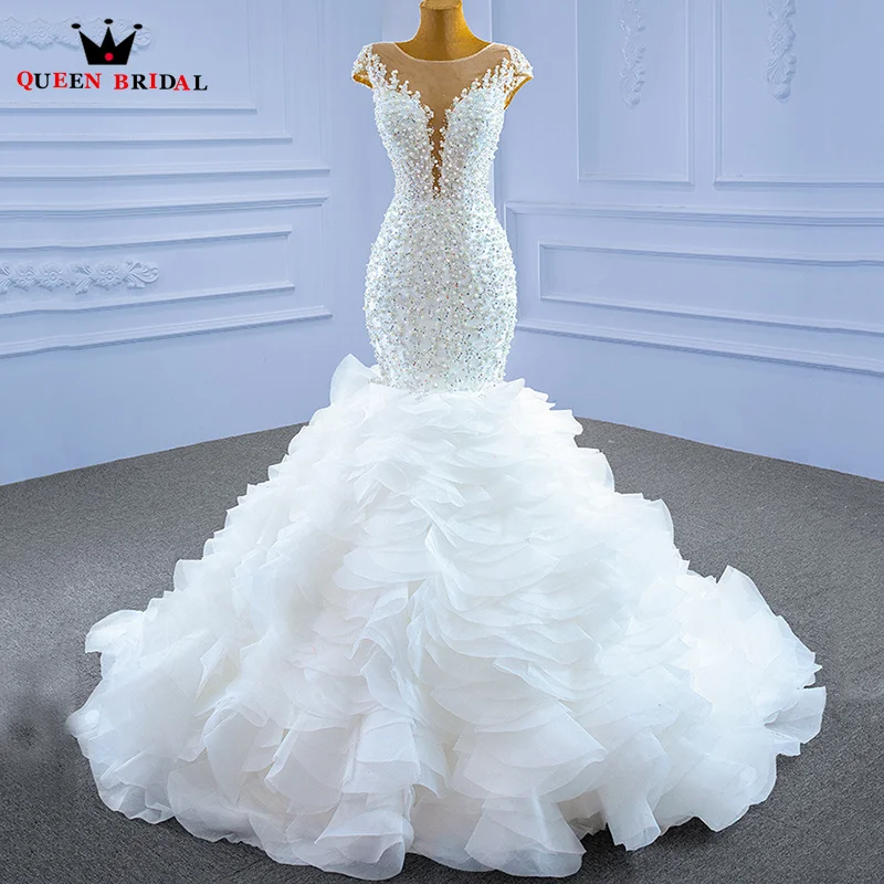 White Mermaid Wedding Dress Luxury Ruffle Train Deep V Neck robe de mariée Pearls Sequined Beading Bride dresses Customize XX34