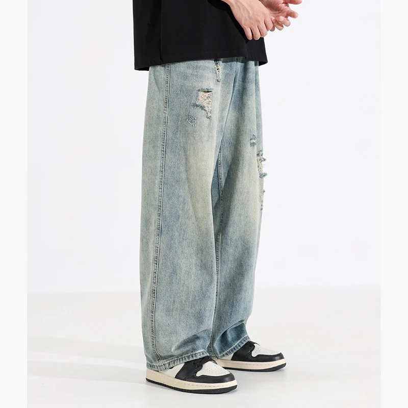 New Fashion Men Ripped Loose Straight Leg Jeans Male American Style Vintage Trend Streetwear Denim Pants Daily Casual Trousers