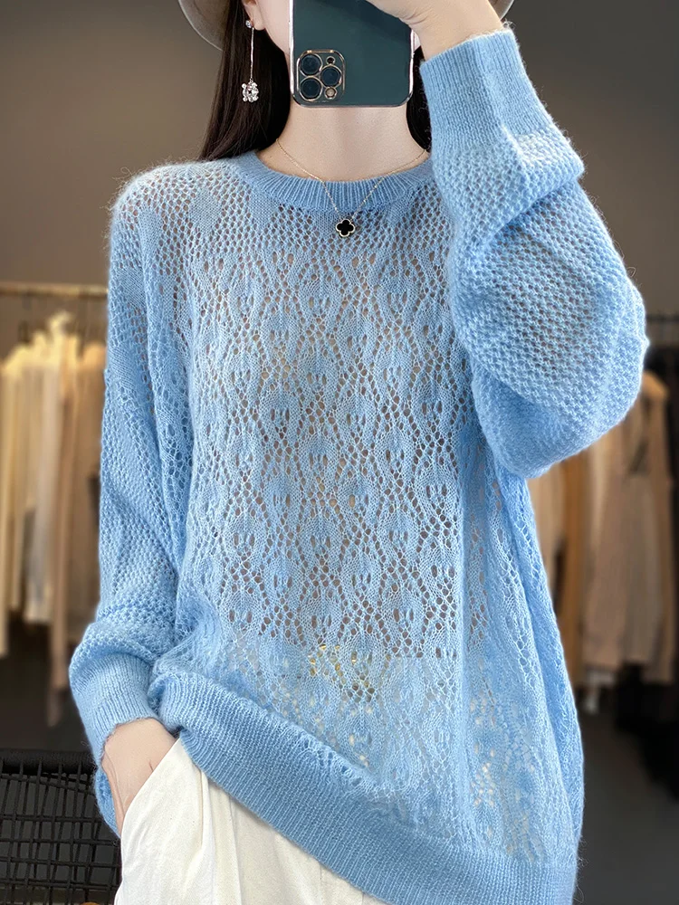 Women 100% Merino Wool Crew Neck Sweater All Over Hollow Wave Knit Loose Pullover Soft Warm Autumn Winter Casual Knit Top