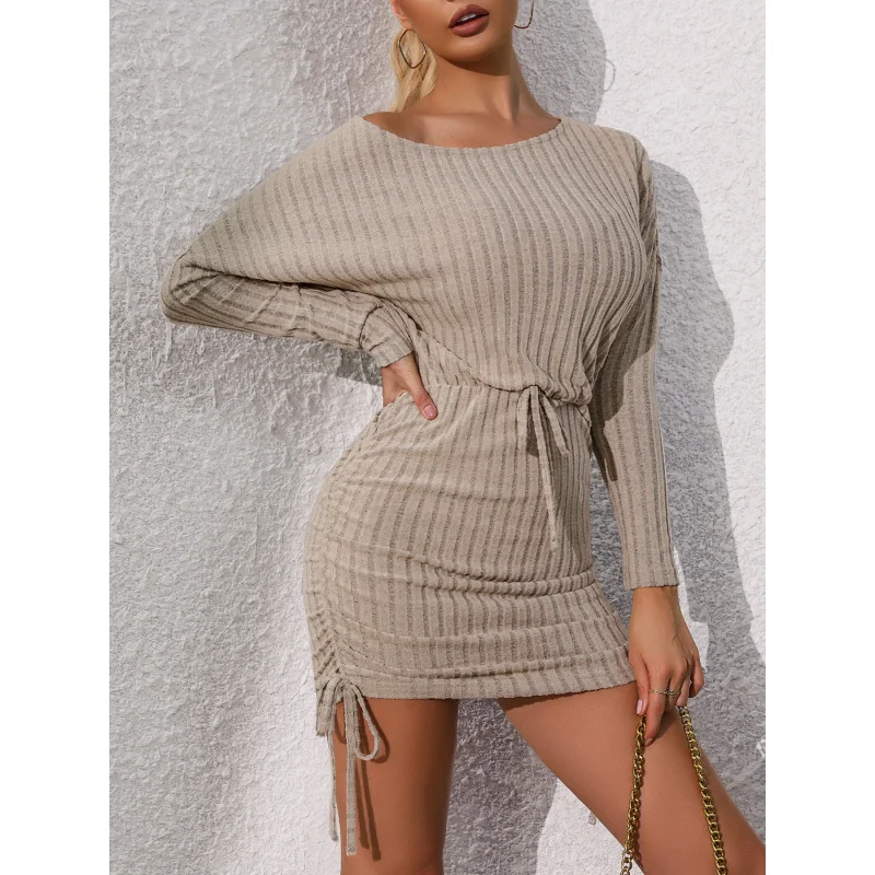 Women's European & American Style Brushed Ribbed Sweater Dress - Soft Beige Winter Dress with Waist Tie Belt,