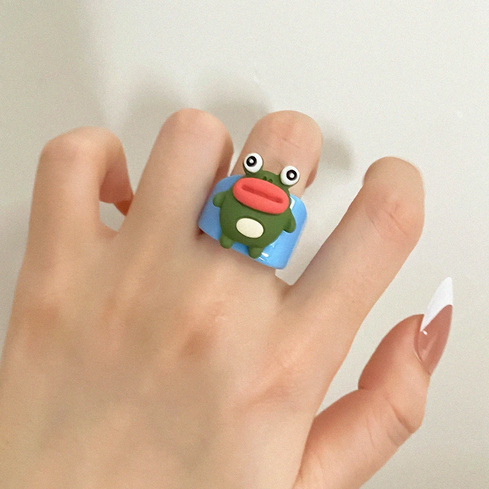 IPARAM Colorful Plastic Ring for Women Men Cute Big Mouth Cartoon Chick Monkey Frog Rabbit Open Rings Fashion Jewelry Party Gift