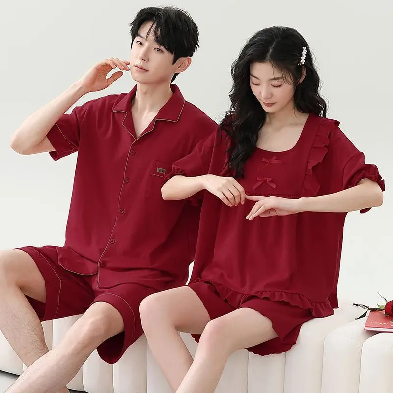 Pajamas new couple pajamas summer newlywed wedding red men and women cotton festive home wear pajamas set