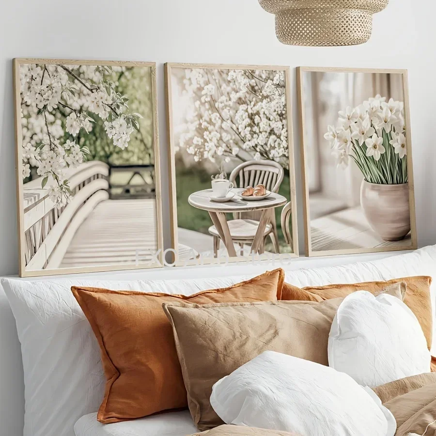 3pcs frameless -2D Flat,, Set of 3 Spring Cherry Blossom Wall Decorations, Featuring a White Daffodil Garden Scene on