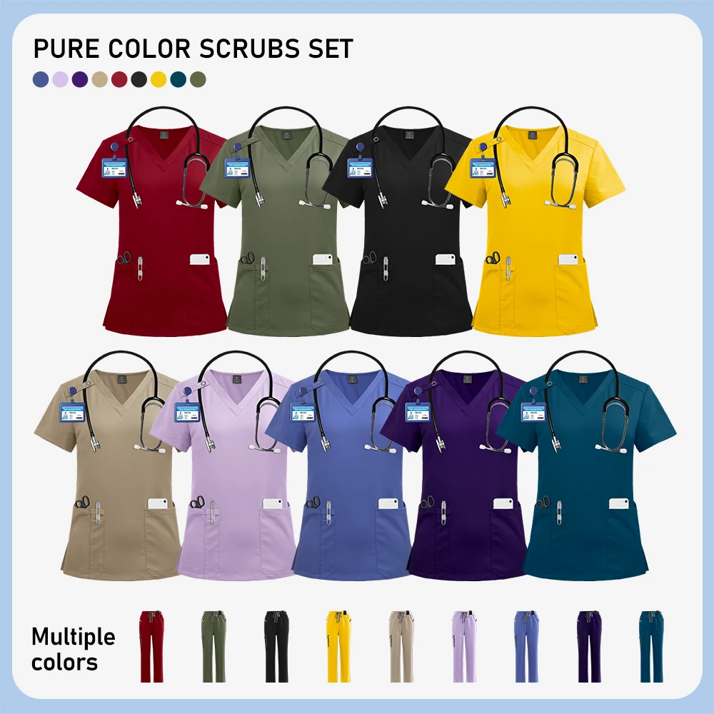 Niaahinn High-quality Nursing Scrubs Uniform Short Sleeve Tops+Pants Set Women Multicolor Pet Medical Workwear Nurse Accessories