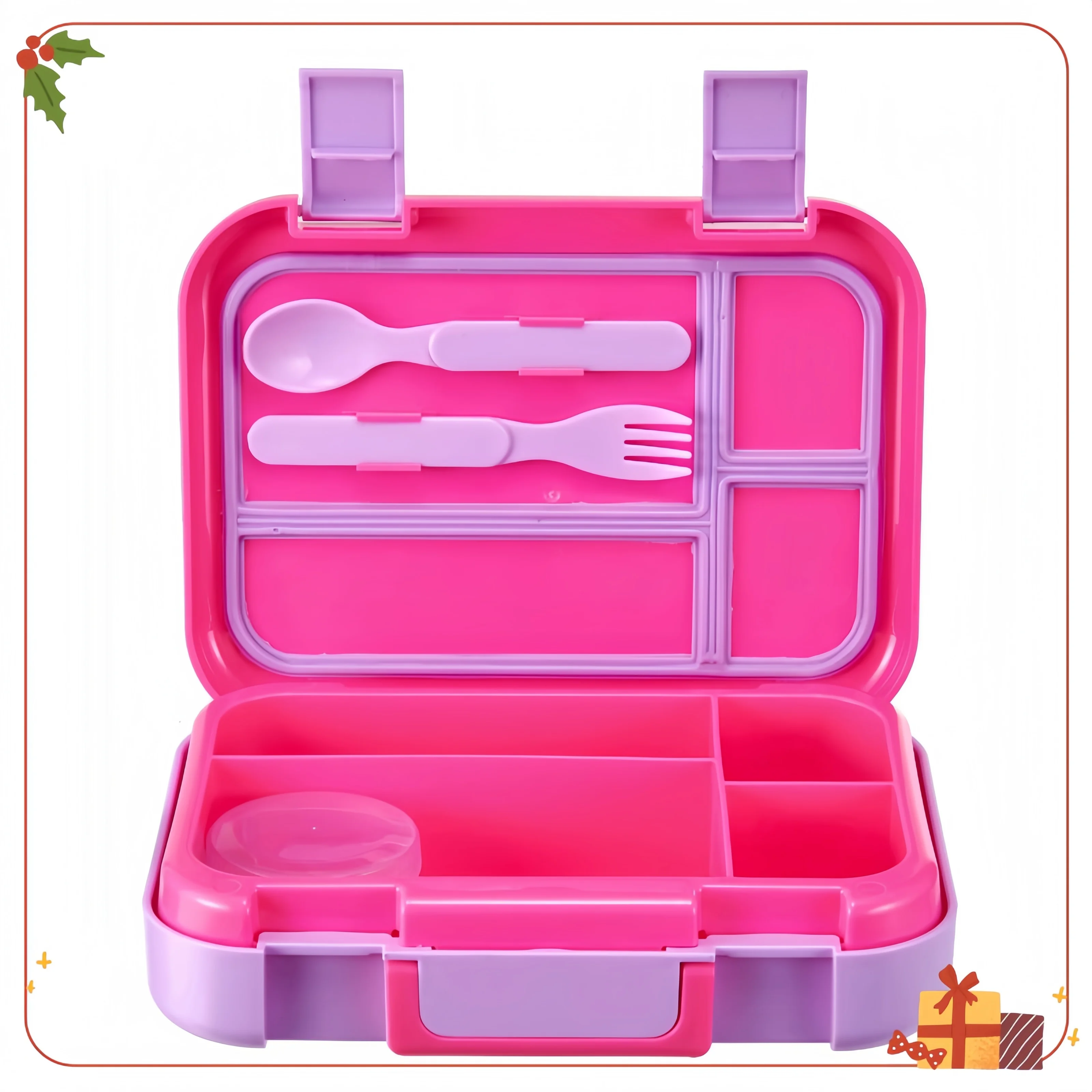 

(4 шт.) Пластиковая коробка для бенто с 4 отделениями, вилкой, ложкой, 1 туалетным контейнером, розовая
