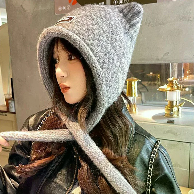 Autumn And Winter Woolen Cute Bear Ear Hat For Women Outdoor Warm Cold-Proof Sweet Knitted Hat