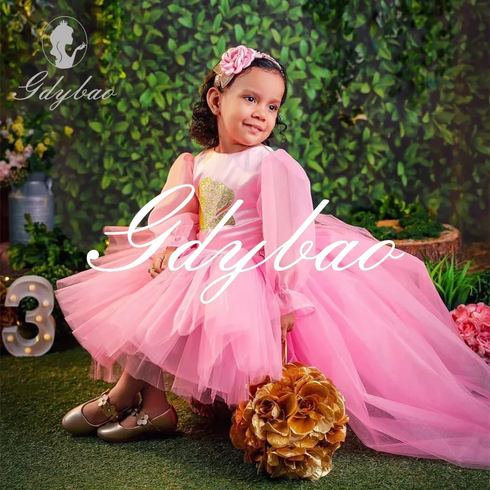 Pleat Golden Applique Long Puff Sleeve A Line Flower Girl Dress Knee Length Sweep Train Classic First Communion Gown Customized