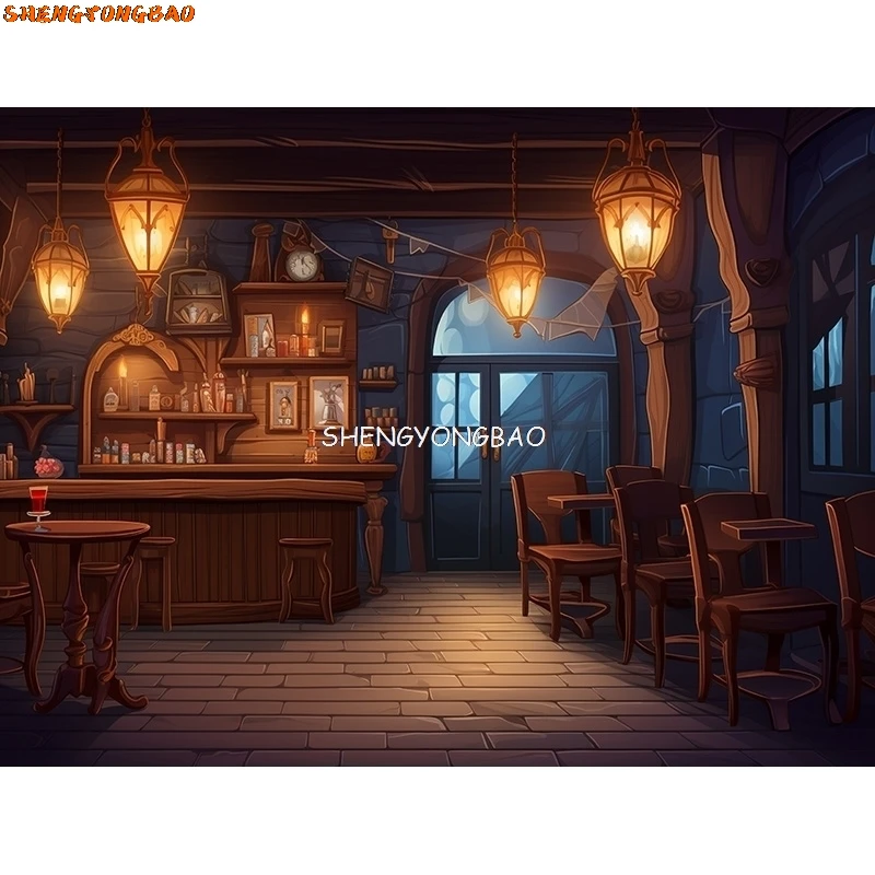 Toile de fond de photographie de bar de café vintage, vieux TajudBarista, Auberge médiévale chaude, nette Retro Photo Studio Background LJG-06