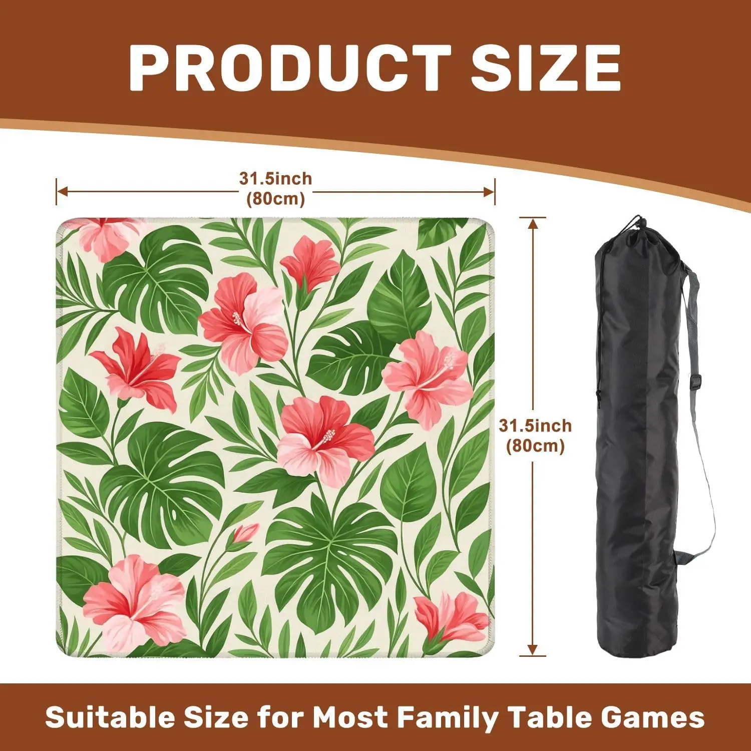 31.5 Inch 3mm Neoprene Luxury Mahjong Mat Tropical Hibiscus Seamless Leaf Print Non Slip Noise Reduction for Mahjong Games