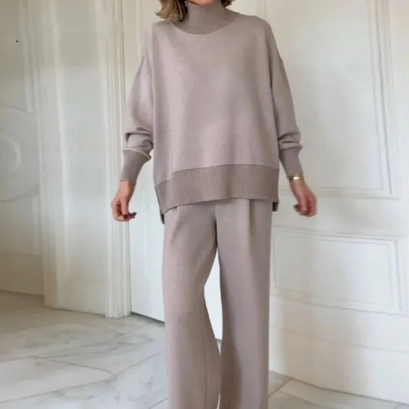 Frühling Rollkragen Sweatshirt & Casual Hosen Set Elegante Solide Patchwork Rippe Gestrickt Outfits Frau Lange Hülse Lose Herbst Anzüge
