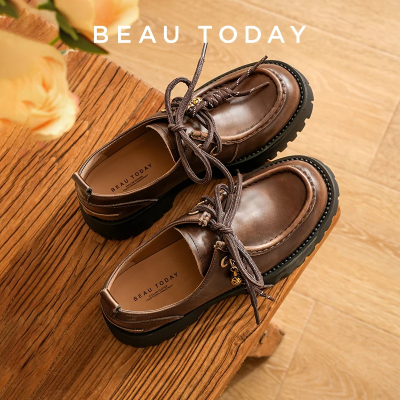 BEAUTODAY, mocasines a la moda para mujer, piel de becerro, punta redonda, cordones, suela gruesa, zapatos planos con cera para mujer hechos a mano 21708