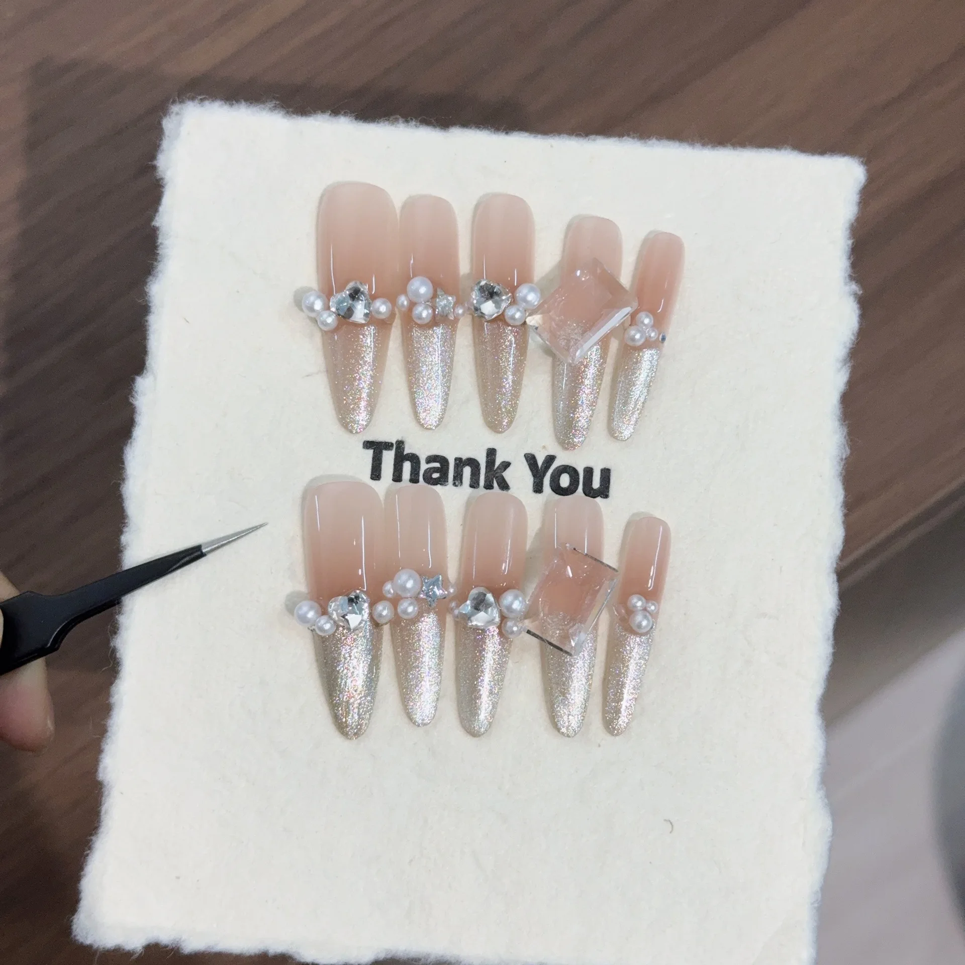 

10 шт., французские розовые накладные ногти ручной работы, кошачий глаз, жемчуг, квадратный бриллиант, накладные ногти, красивые длинные миндалевидные накладные ногти