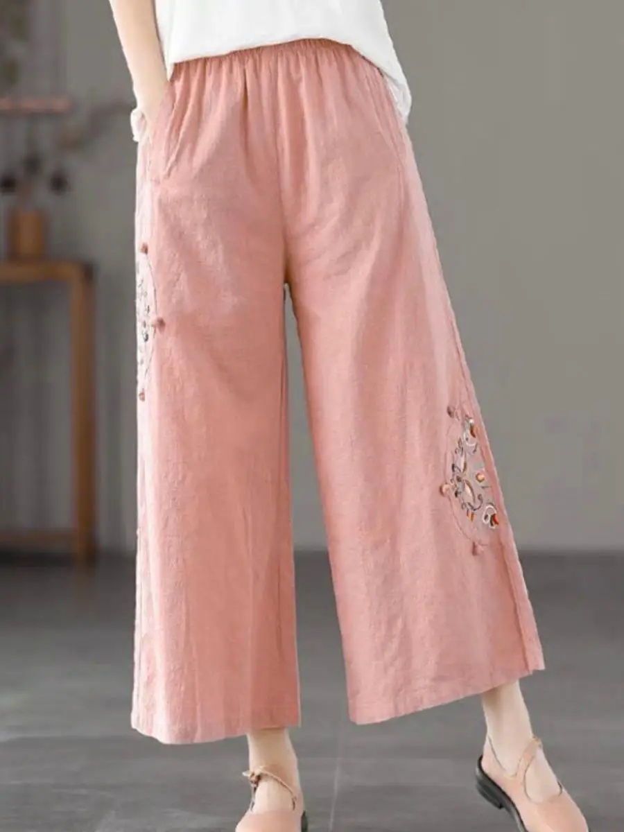 

Ретро-брюки из хлопка и льна с вышивкой, женские универсальные тонкие широкие брюки-кюлоты, летние, новинка 2026 года, свободный крой