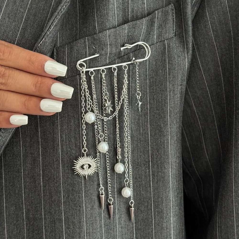 Exaggerated Design Metal Chain Pendant Faux Pearl Rhinestone Heart Tassel Brooches Octagonal Star Adjustable Length Rock Jewelry