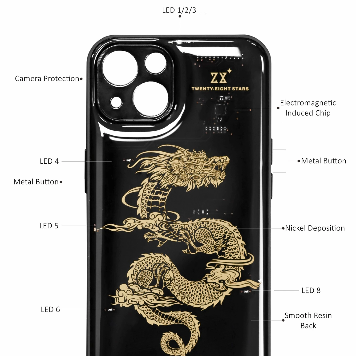 Luxury Chinese Dragon Electromagnetic Induced Luminescence LED Glow Nickel Deposition Pattern Resin iPhone 13 14 Pro Max Case