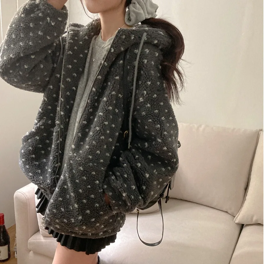 Damska kurtka z kapturem z futra jagnięcego, ocieplana bawełną, jesienno-zimowa, koreańska, ciepła, urocza, przeciwstarzeniowa, długa, codzienna bluza/top.