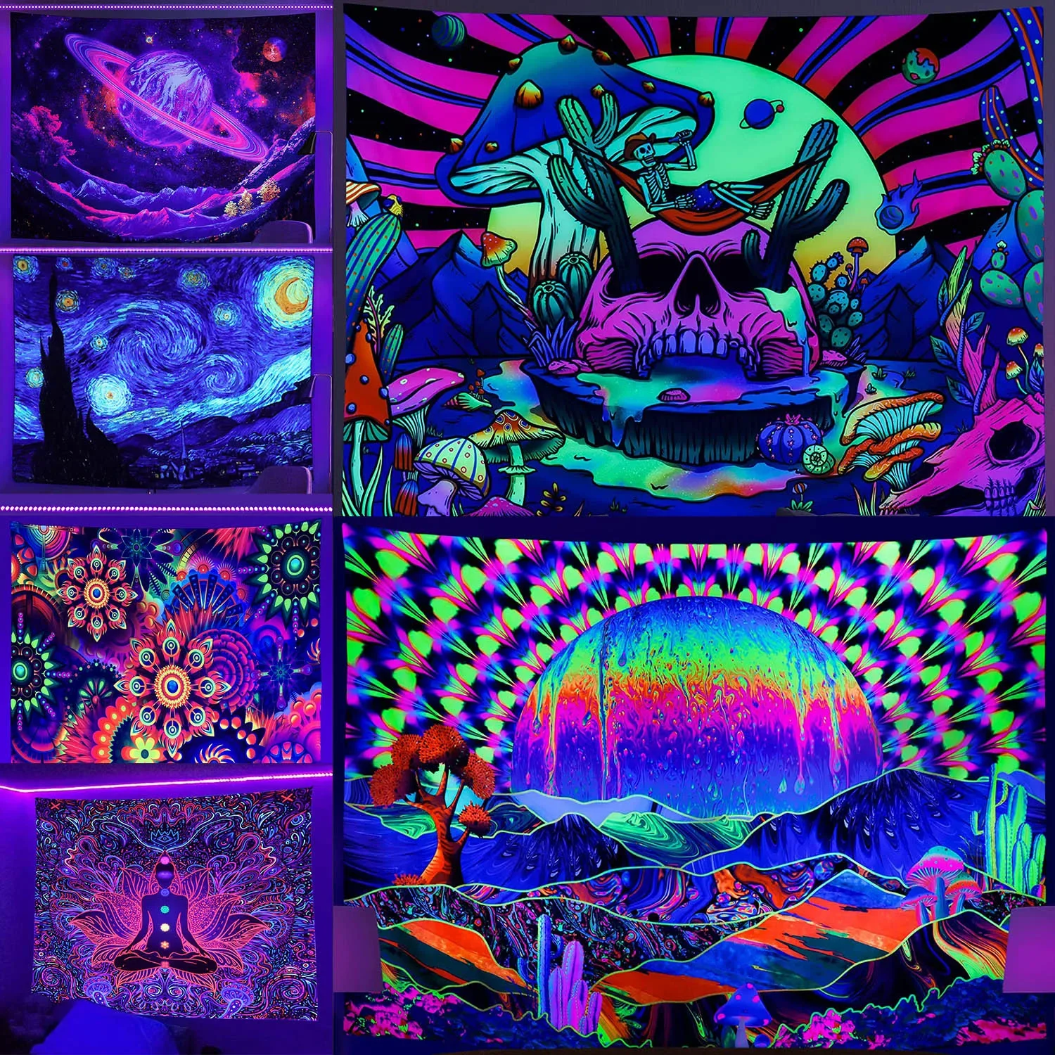 Trippy Tapestry UV Reactive Fluorescent  Mandala Hippie Skull Wall Hanging Cloth Bohemia Home Room Decor Kawaii Wall Decoration