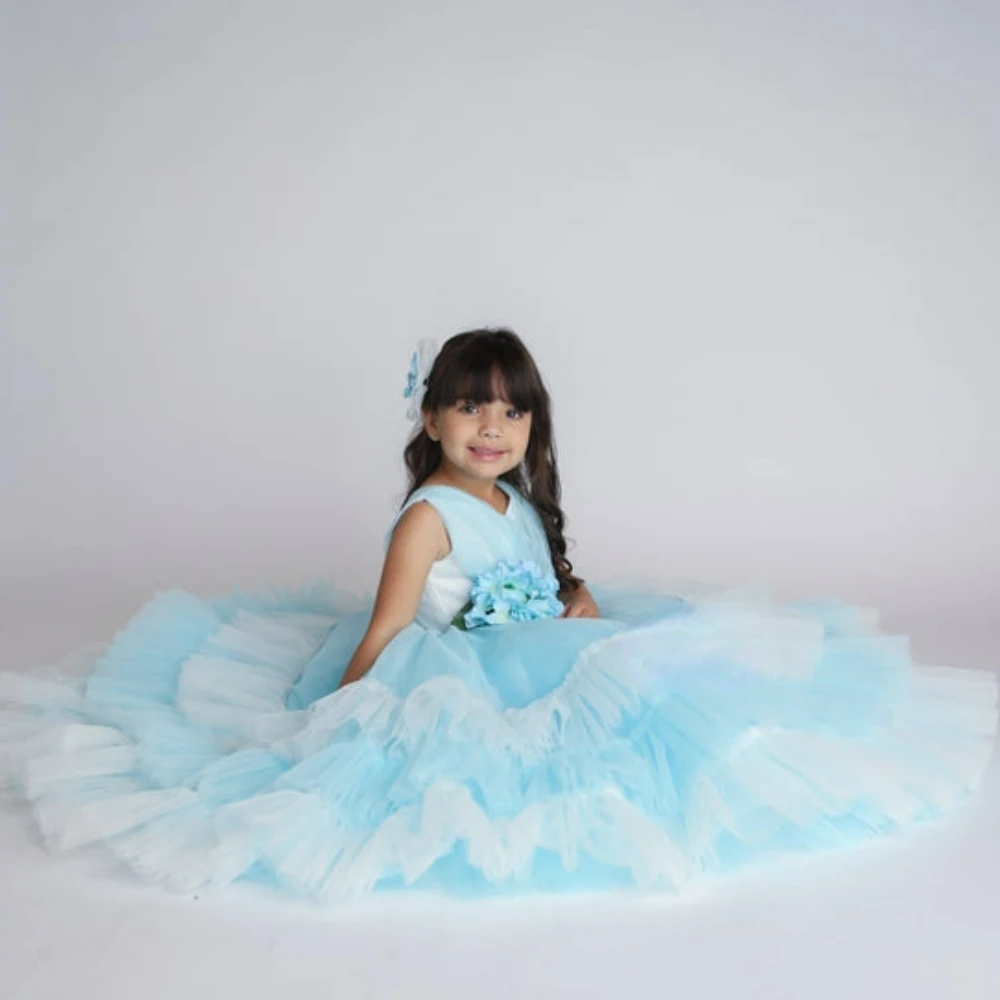 Elegante vestido azul macio em camadas com arco para meninas, vestidos de noiva, cor gradiente, aplique, princesa, festa infantil, vestidos de aniversário