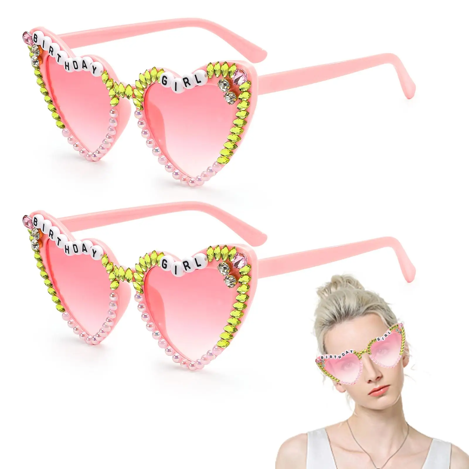 2pcs Pink Birthday Glasses Dazzling Heart Shape Birthday Girl Cute Birthday Girl Decorations Birthday Sunglasses for Birthday