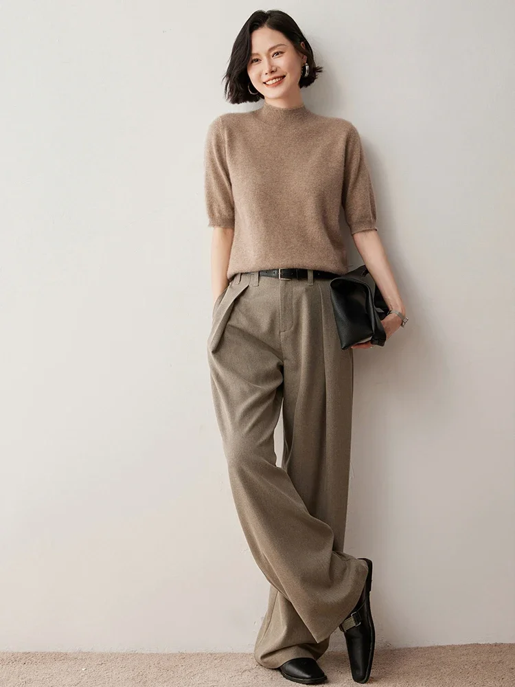 

New Women's 100% Cashmere T-shirts Simple Style Half-Sleeve Pullover Sweater Spring Autumn Soft Cashmere Knitwear Mock-neck Tops