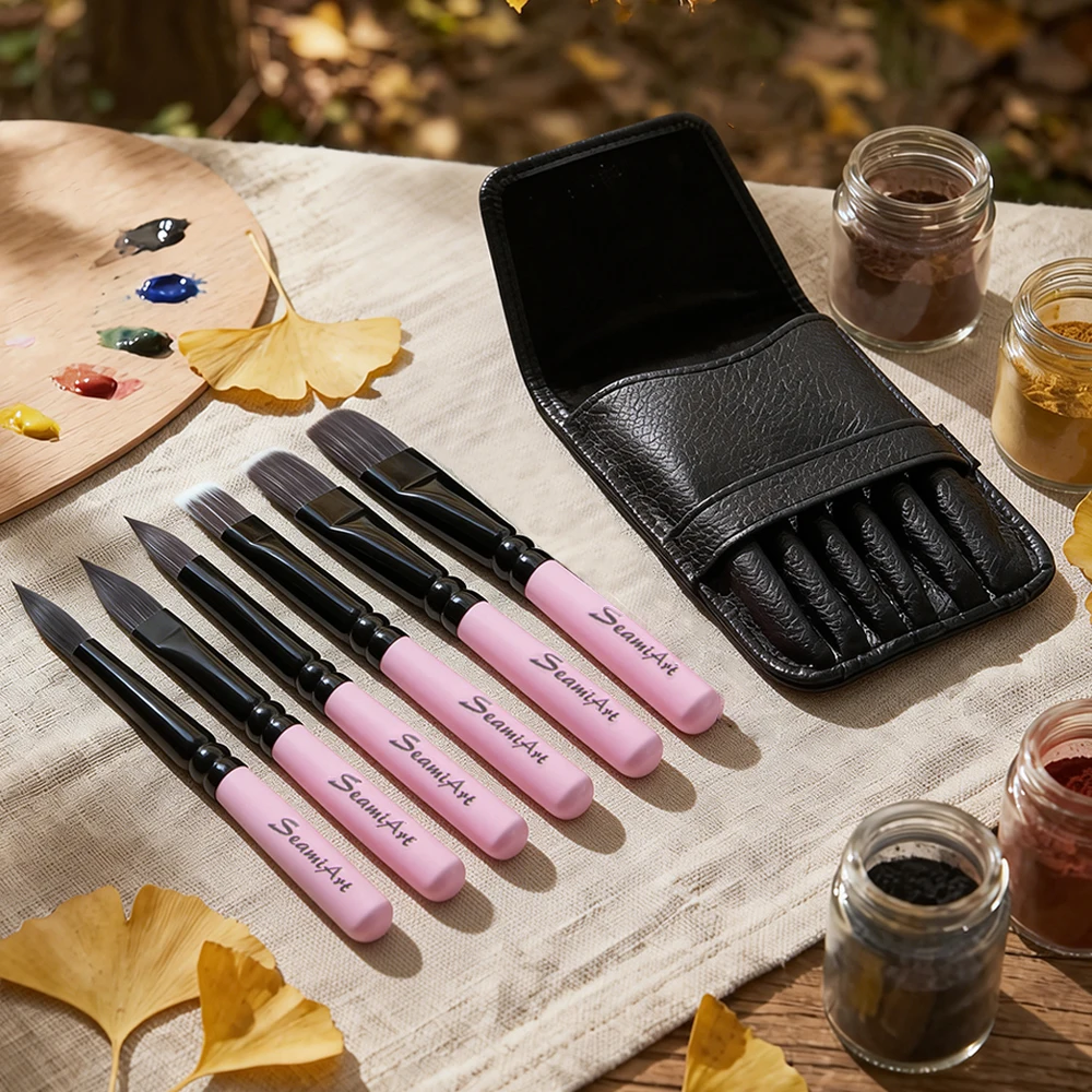 SeamiArt - Juego de 6 pinceles de viaje de nailon con mango corto y bolsa de cuero, pinceles para acuarela y gouache, para artistas y materiales de arte