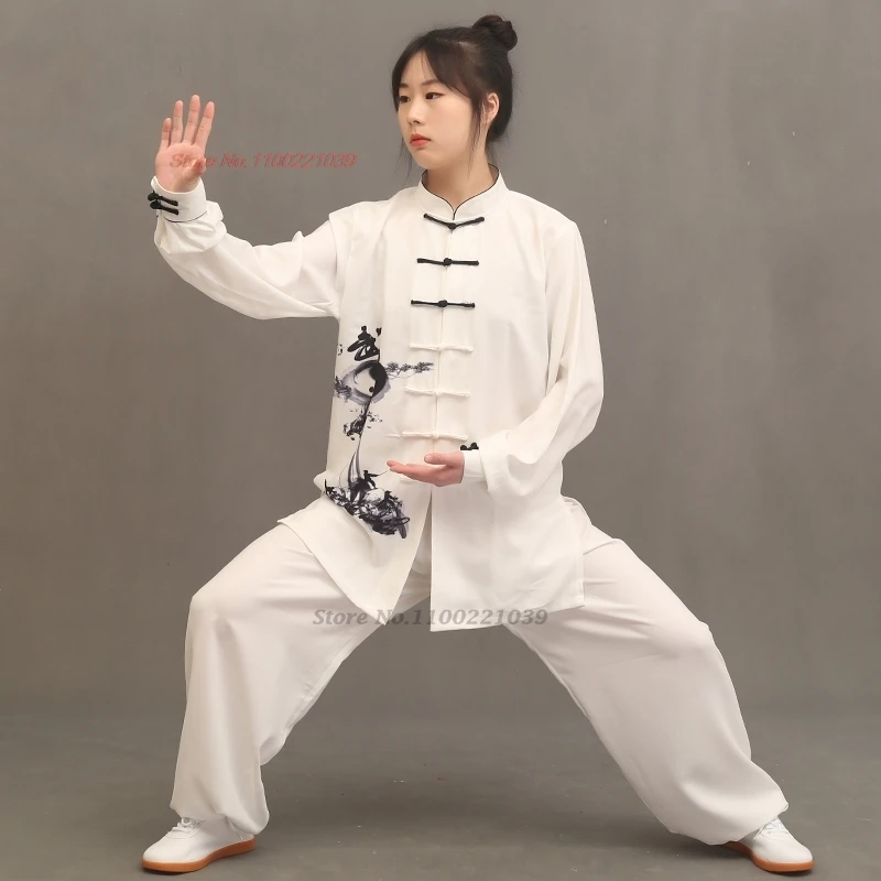 

2024 chinese vintage tai chi training exercise tops+pants set martial arts tai chi handwriting print uniform team performance